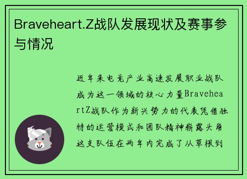 Braveheart.Z战队发展现状及赛事参与情况